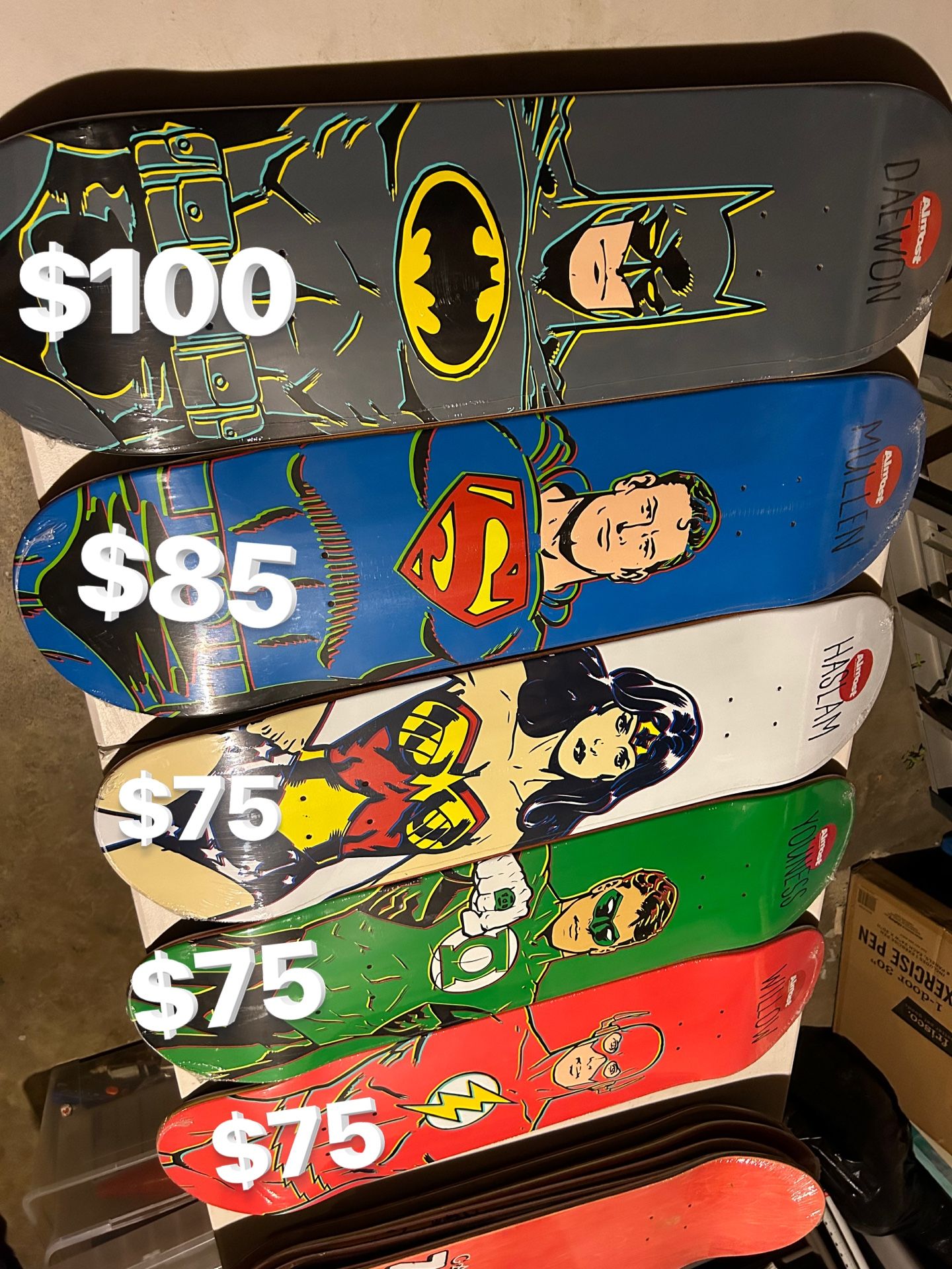 Almost Skateboards DC lot NEW 11 Decks Batman Superman Wonder Woman Flash Green Lantern Penguin Joker Mr Freeze Two Face Riddler Catwoman