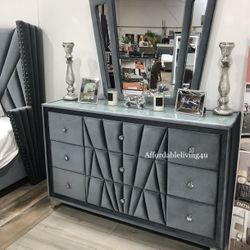 Grey Velvet Dresser W/ Acrylic Crystal Knobs Brand New In Box 