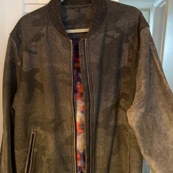 Robert Graham Jacket Mens XXL Sheepskin Leather Wool Bomber Full Zip Gray Camo