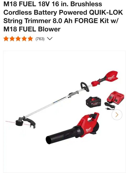 Milwaukee M18 Fuel String Trimmer , Blower With Forge XC8.0 Battery And Rapid Charger 