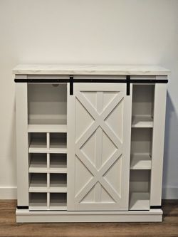 White Farmhouse Sliding Barn Door Bar Cabinet / Coffee Bar Storage Cabinet