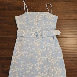 Zara Light Blue Linen Flower Mini Dress Size Small