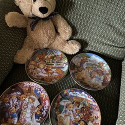 Four Franklin Mint, Teddy Bear Plates Heirloom Collection, and teddy bear