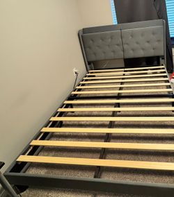 Gray Upholstered Bed Frame with Tufted Headboard