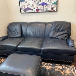 Arhaus Preston Navy Nailhead Leather Sofa