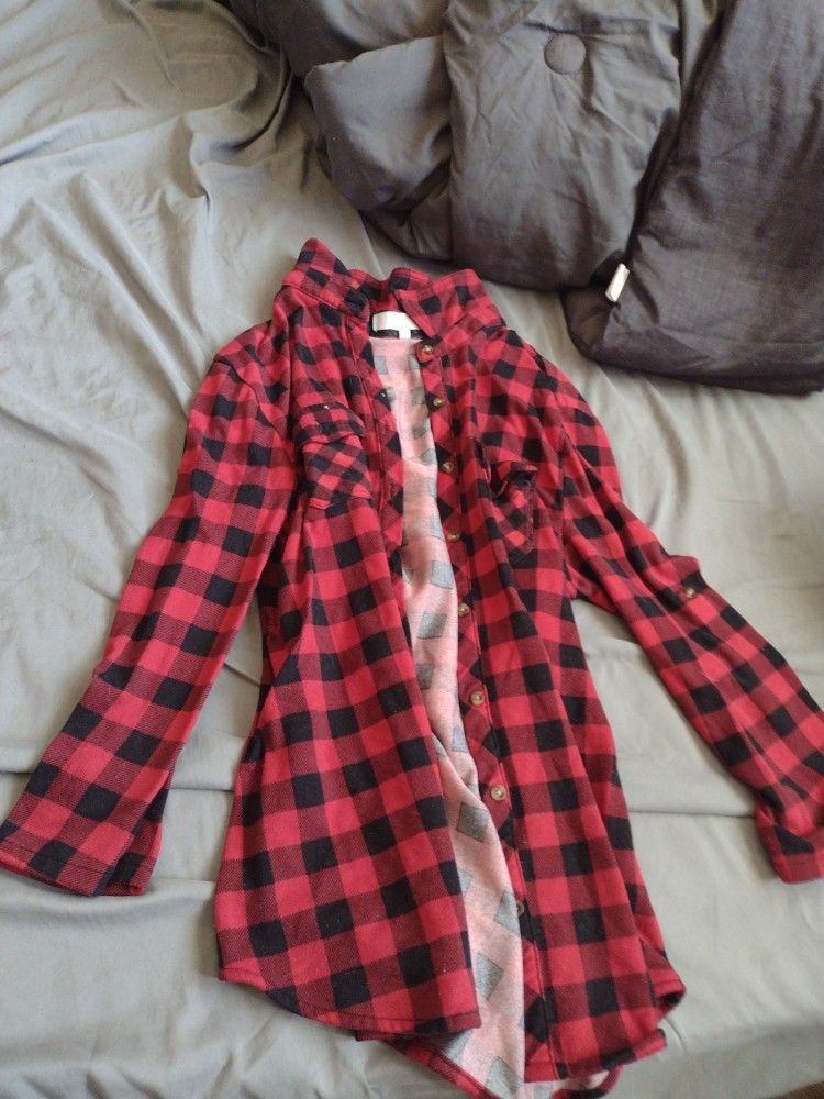 3/4 Sleeve Button Up Plaid Fleece Shirt 