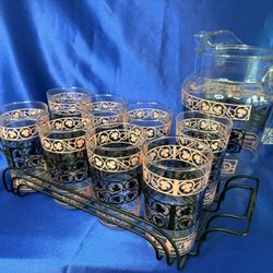 Vintage Mid Century Anchor Hocking Pink & Black Pitcher & Glass Set Nice!!!