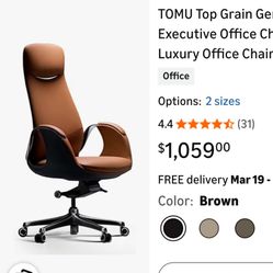 NEW-TOMU Top Grain Genuine Leather Executive Office Chair Brown, Luxury Office Chair with Aluminum Sturdy Base, High Back Ergonomic Boss Chair for Lon