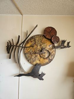 Vintage Mid-Century Brutalist Metal Wall Sculpture – Torch-Cut Birds & Sun Design