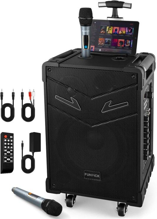 3-Way Trolley PA System with Wireless Microphones, Bluetooth Karaoke Machine with 10" subwoofer, Rechargeable Speaker for Adults, Support TWS/USB/Guit