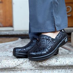 ALEGRIA Black Leather Floral Paisley Embossed Keli Professional Slip On Loafers