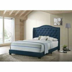 NEW MODERN BLUE FABRIC QUEEN OR KING SIZE BED BUTTON TUFTED

