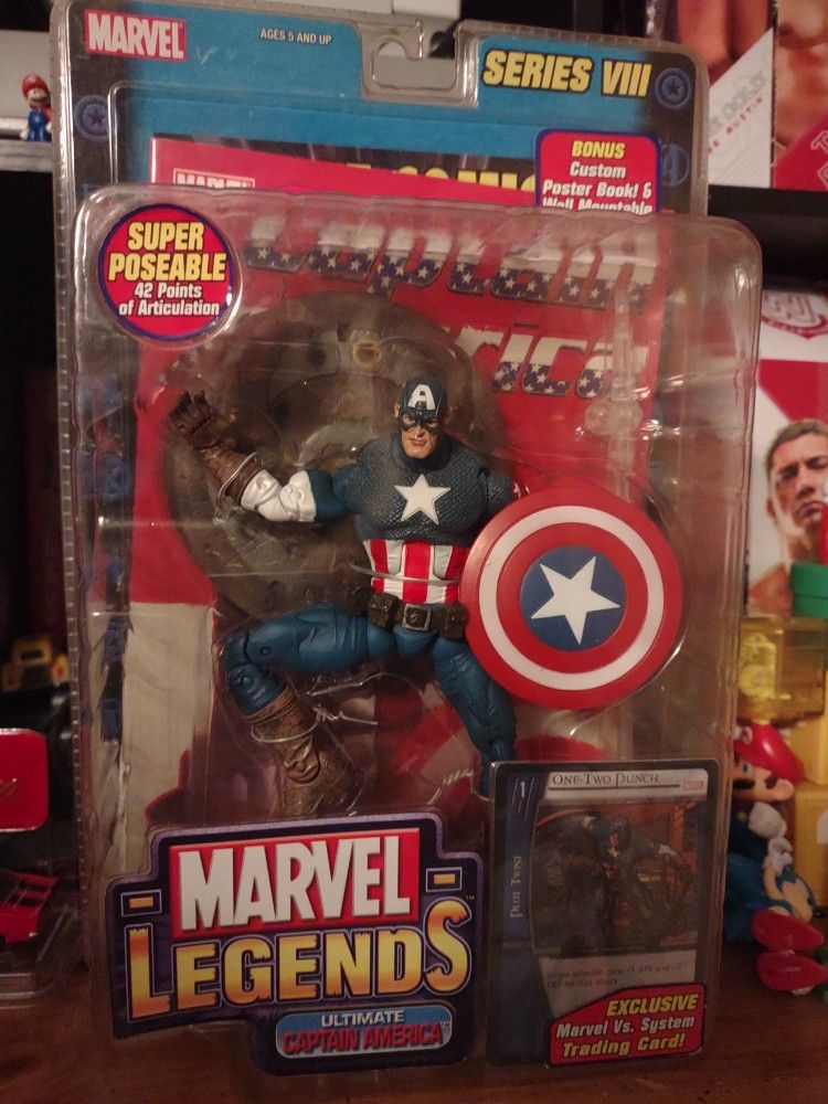 Marvel Legends Toybiz 2004 Ultimate Captain America Avengers Series VIII Action Figure with Stand, Shield, Comic and Card.