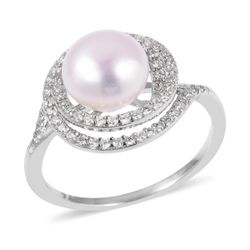 Freshwater White Pearl (8-8.5 in), Simulated White Diamond Sterling Silver Ring (Size 11.0) TGW 0.70 cts