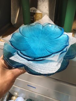 four glass flower petal plates turqoise  blue