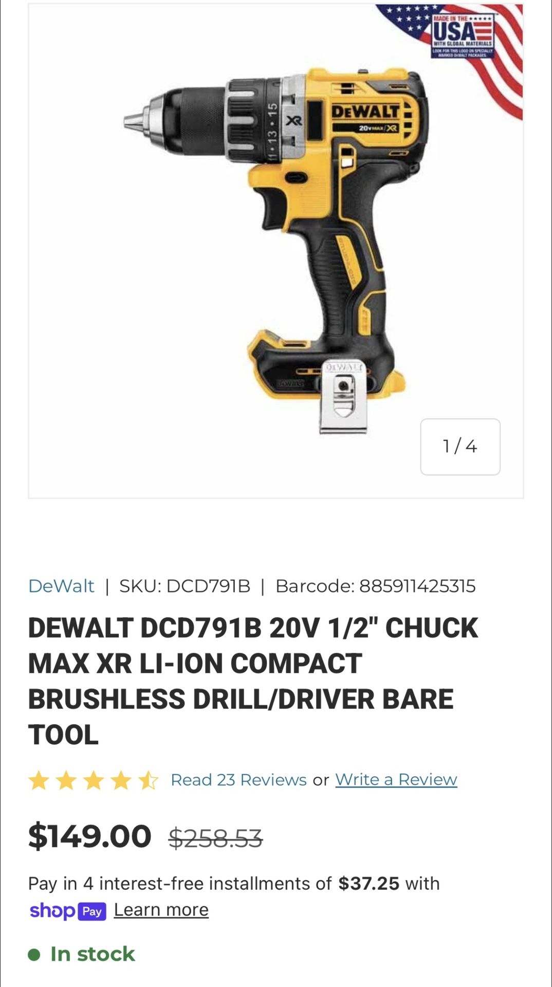 DEWALT DCD791B 20V 1/2" CHUCK MAX XR LI-ION COMPACT BRUSHLESS DRILL/DRIVER BARE TOOL