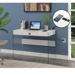 white glass desk with power, usb & drawer