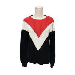 EUC Time & Tru Color Block Knit Cardigan SZ Medium 8-10 Black Red White Chevron