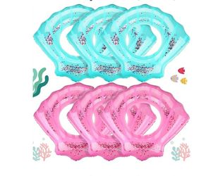 New 6 Pcs Shell Swimming Ring Inflatable Seashell Pool Float 27.5 x 31.5 Inch Glitter Sequins Raft Water Swim Tube Inflatable Swim Rings for Pool Beac