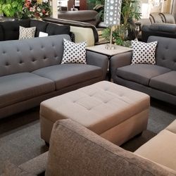 Brand New Charcoal Linen Midcentury Modern 82" Sofa + 60" Loveseat 2PCs Set