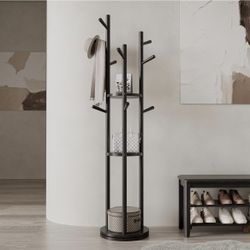 Solid Wood Coat Rack with Shelves and Hooks (Black)