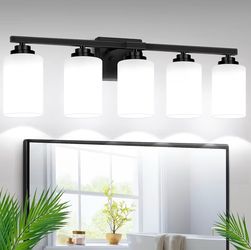 5-Light Bathroom Light Fixtures, Black Modern Vanity Lights with Milky White Frosted Glass Shades, Bathroom Wall Lamp, Clear Glass Shade, for Mirror, 