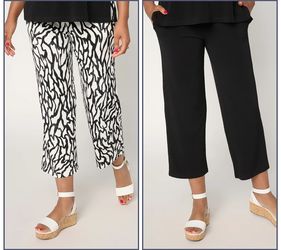Susan Graver Regular Liquid Knit Set of 2 Print & Solid Crop Pants Black, Medium