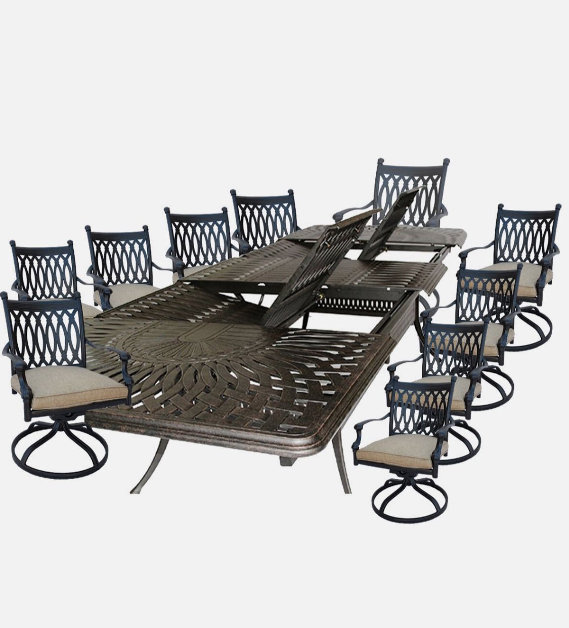 Outdoor dining table set 10 person with Sunbrella seat cushions heavy furniture.