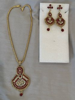 Gold-Tone Red Crystal Necklace and Earring Set
