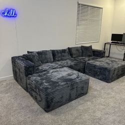 5-Piece Grey Modular Boneless Corduroy Cloud Sectional Sofa Couch