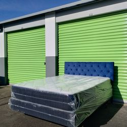 NEW Queen Bed Set – Blue tufted headboard + mattress + box spring  • Ready for delivery