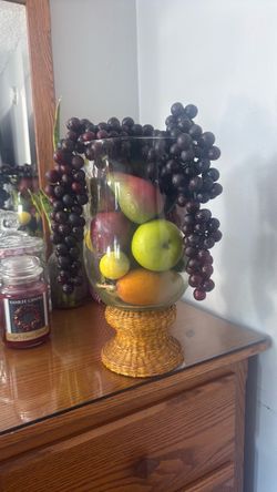 Glass Vase with Wicker Base and Faux Fruit