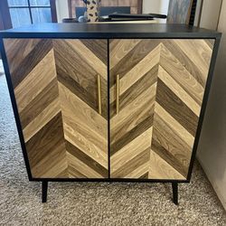 Modern Chevron Wood Cabinet – Like New, Interior Shelving