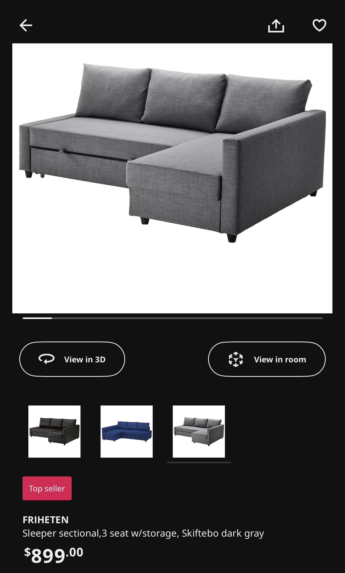 FRIHETEN Sleeper Sofa ,3 seat w/storage, dark gray