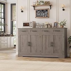 60" Large Buffet Sideboard with Storage, 36" Tall Kitchen Buffet Storage Cabinet with 4 Drawer, Modern Coffee Bar Cabinet with Black Handle, Long Side