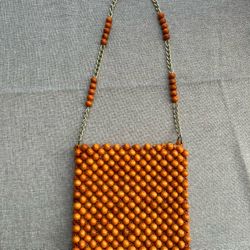 Vintage Beaded Shoulder Purse. Boho 1960’s Unique Orange Wooden Beads