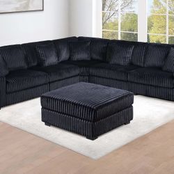 Black Sectional With Ottoman - Soft Corduroy Fabric