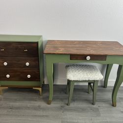 Vintage Vanity / Desk with drawers and bench