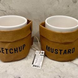Set of 2 Washable Paper Holders, Ketchup/Mustard with White Ceramic Dip Dishes, NEW