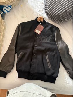 Authentic Mitchell and Ness black  wool bomber jacket with leather sleeves