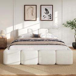 Queen Size Boucle Platform Bed with Thick Headboard and Footboard, Block Style Upholstery Grounded Bed Frame, White