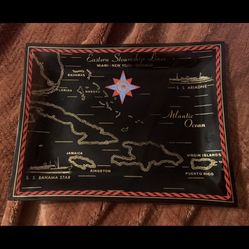 Eastern Steamship Lines  Smoked Glass MCM 1950’s-1960’s Map Tray / SS Bahama Star / SS Ariadne