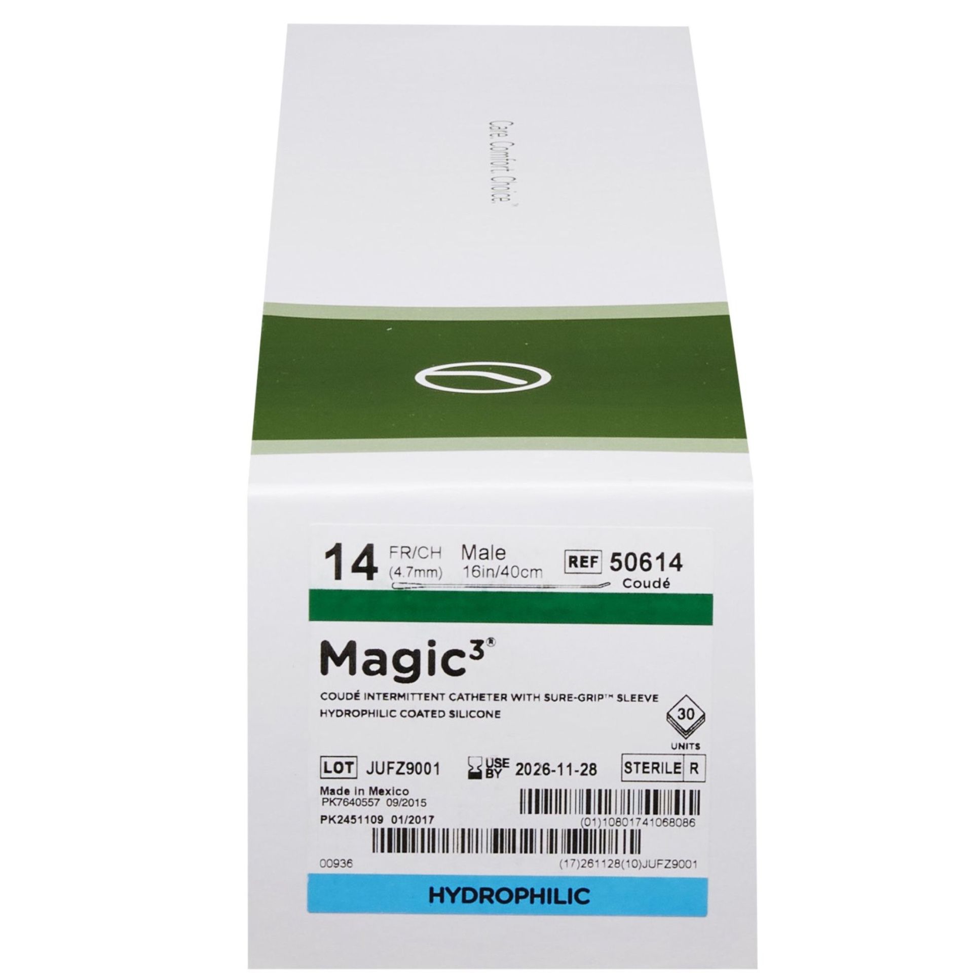Magic3 Hydrophilic Male Intermittent Coude Tip Catheter with Sure-Grip, 16" Length