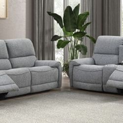 Brand New Grey Super Plush Power Reclining Sofa & Loveseat