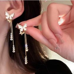 1pair Women's Rhinestone Butterfly Fringe Earrings With Faux Pearl, Versatile Daily Wear Style