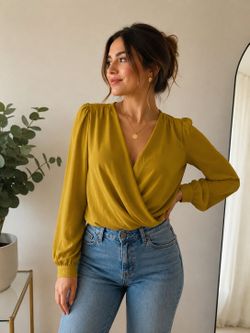 Mustard Yellow Long Sleeve Surplice Wrap Blouse