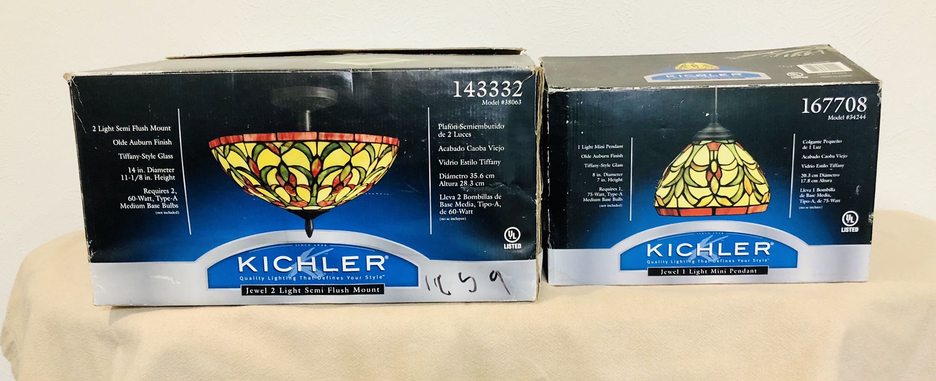 Kichler Tiffany Style Semi Flush Ceiling Light and Mini Pendant Light, New Open Box