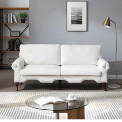 80-Inch Modern Linen 3 seat Sofa with Wooden Legs & Crystal button and Copper Nail, Tufted Backrest, Perfect for Living Room, Bedroom, or Office (Beig