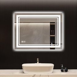 LED Bathroom Mirror - 28 X36 Inches Vanity Mirror with Lights - Stepless Dimmable, Anti-Fog, Waterproof Wall Mounted Lighted Makeup Mirror – Long Las