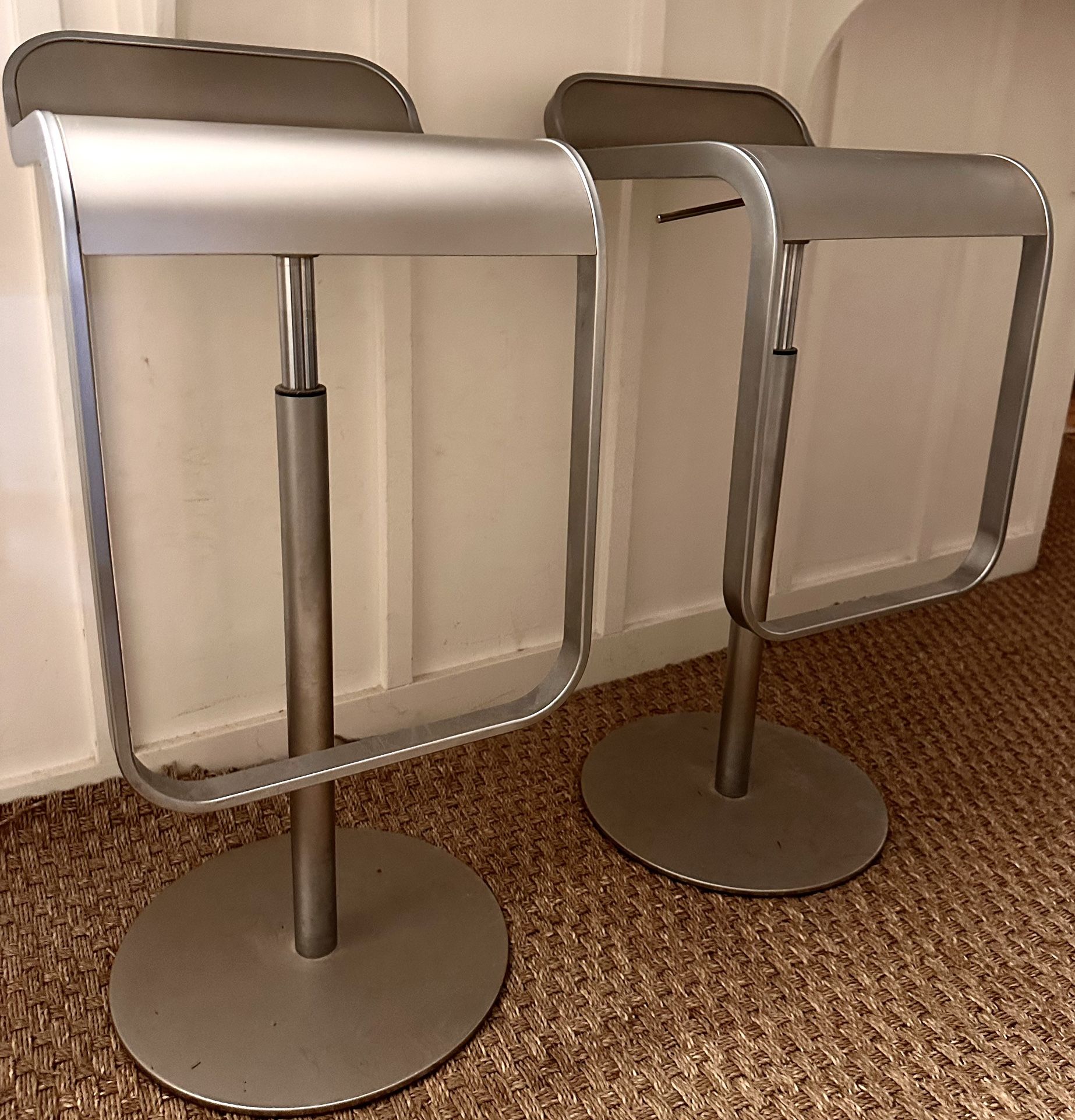 Pair Of Design Within Reach (DWR) Lapalma Lem Piston Bar Stools, Stainless Steel